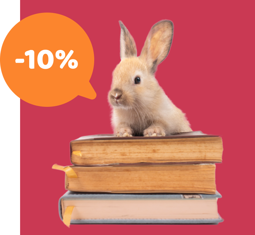 Lapin sur des livres avec une bulle promotionelle indiquant -10%